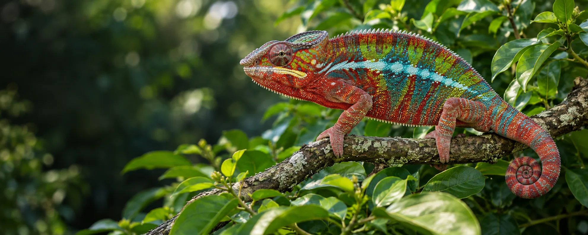 Illustration of a colourful male panther chameleon perched on a branch
